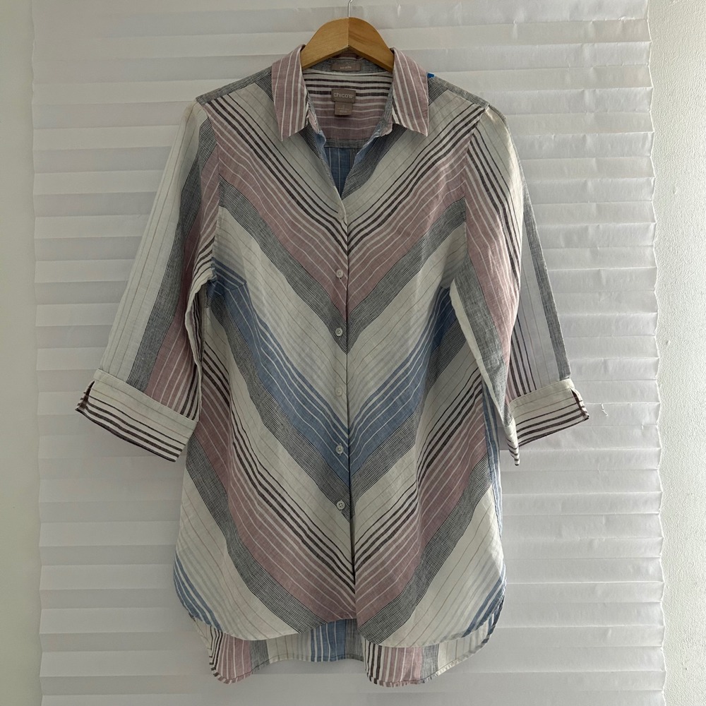 Chicos No Iron 100% Linen Chevron Stripe Button Down Shirt Tunic Blue Red Size 2